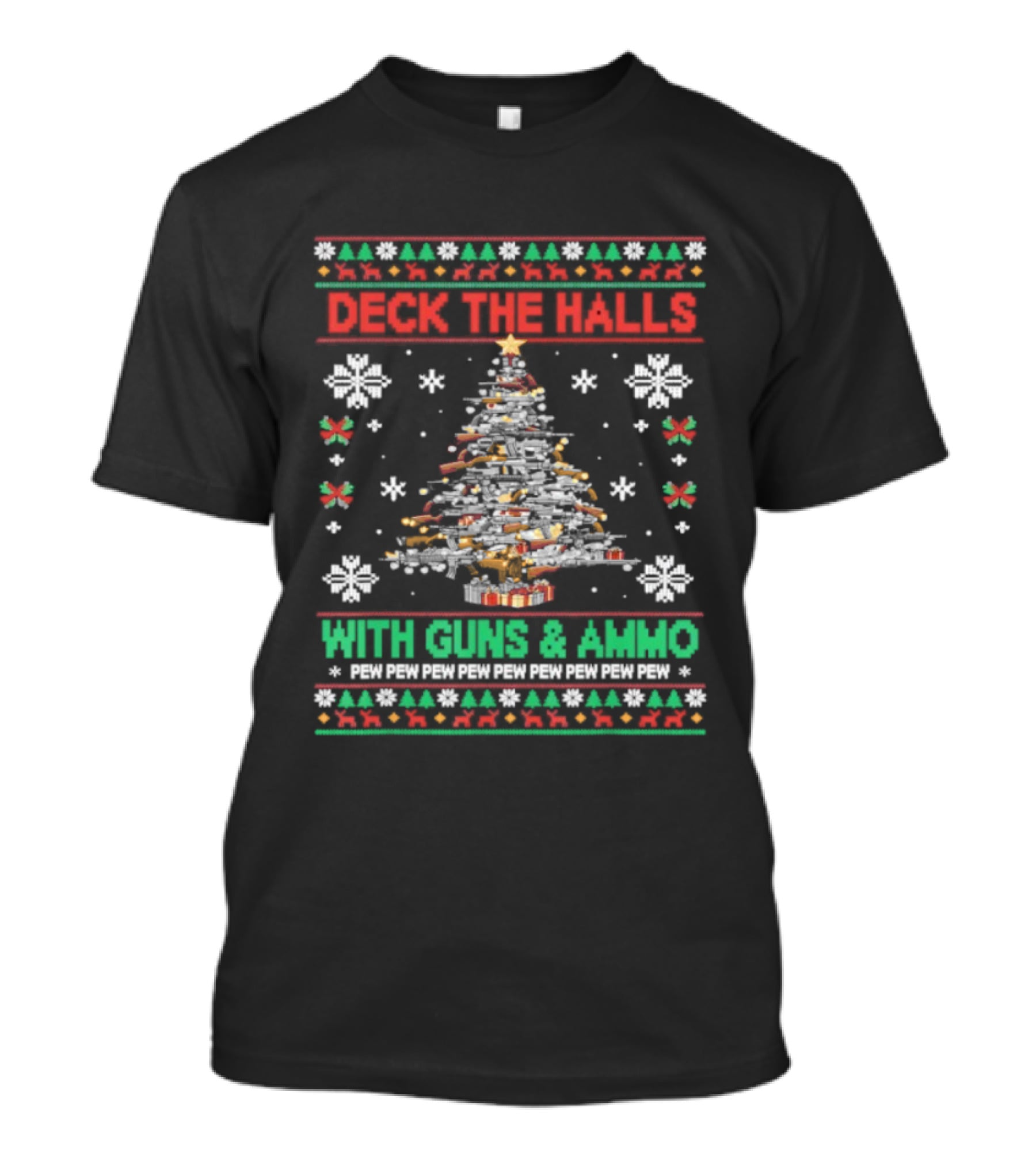 Retro Deck The Halls With Guns And Ammo Funny Christmas Tree Snowflakes Holiday T-Shirt
