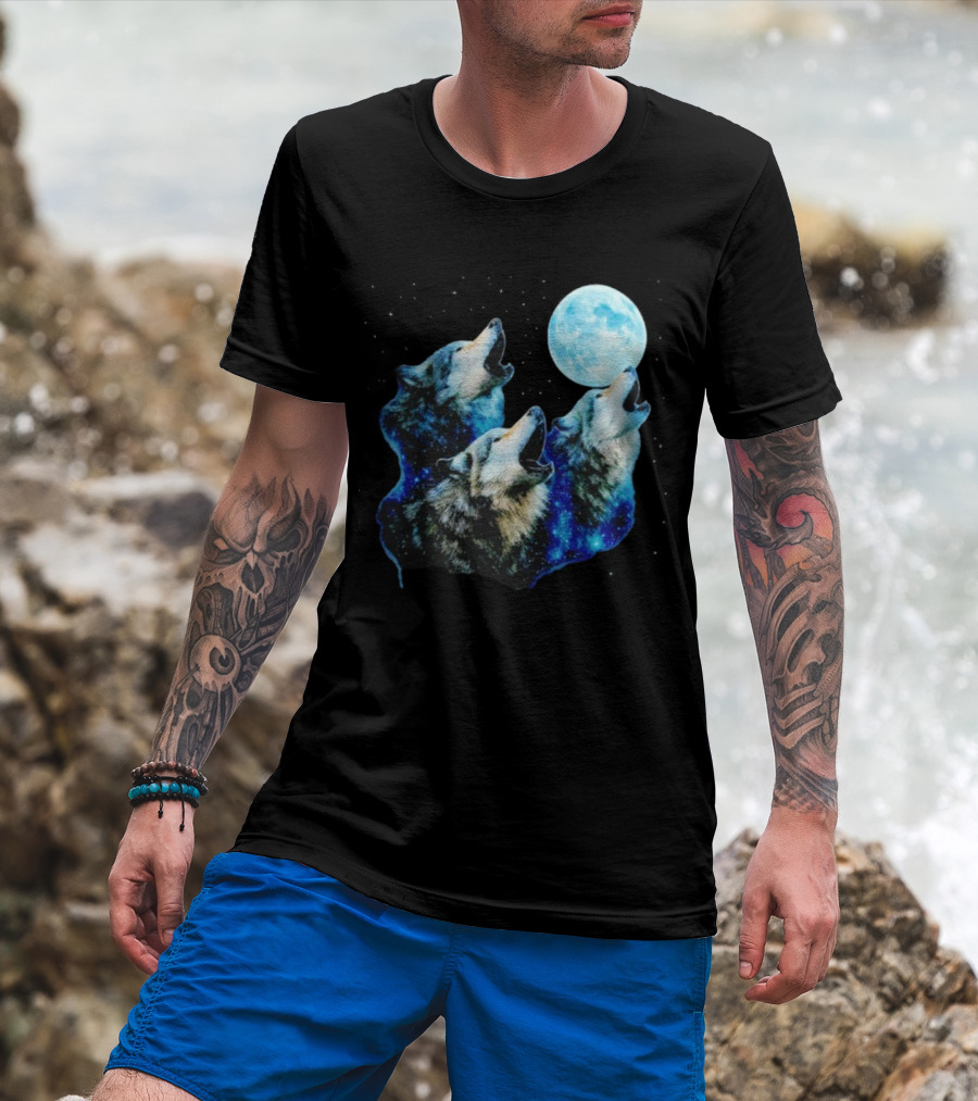 Three Wolves Howling At Cyan Moon Cosmic Night Glow T-Shirt