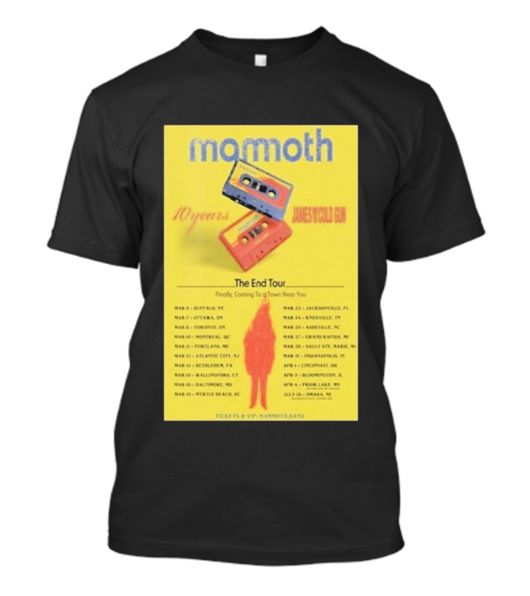 Mamoth The End Tour 2026 James And The Cold Gun 10 Years Tour Dates T-Shirt