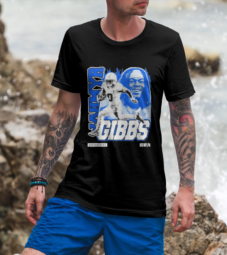 Jahmyr Gibbs Run Dreamathon Iconic Athlete Portrait T-Shirt