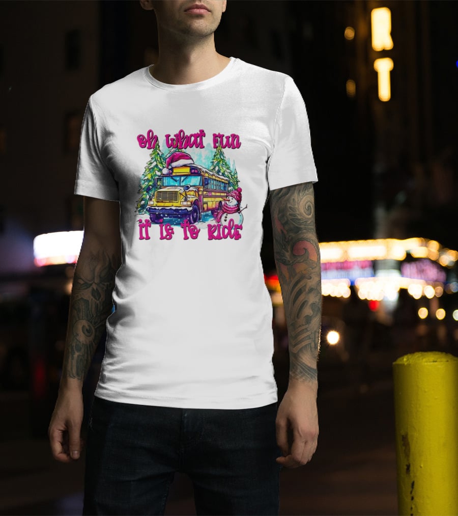 Oh What Fun It Is To Ride Christmas School Bus Snowman Scene T-Shirt