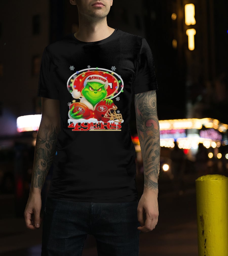 Grinch Holding Football And Helmet San Francisco 49ers Merry Christmas 49ers T-Shirt