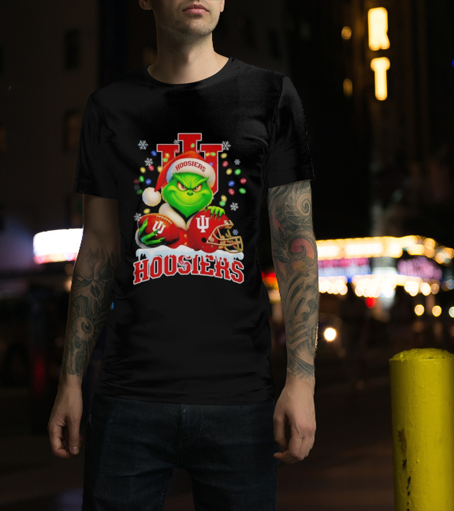 Grinch Santa With Indiana Hoosiers Football Helmet Christmas Theme T-Shirt