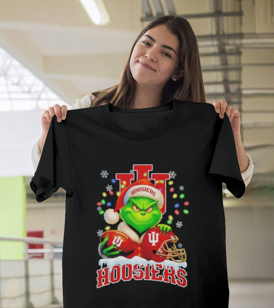 Grinch Santa With Indiana Hoosiers Football Helmet Christmas Theme T-Shirt