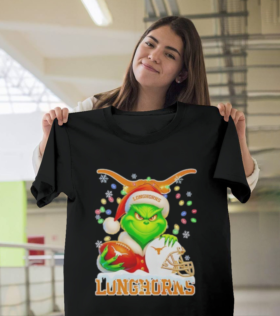 Grinch With Texas Longhorns Christmas Football Helmet And Santa Hat T-Shirt