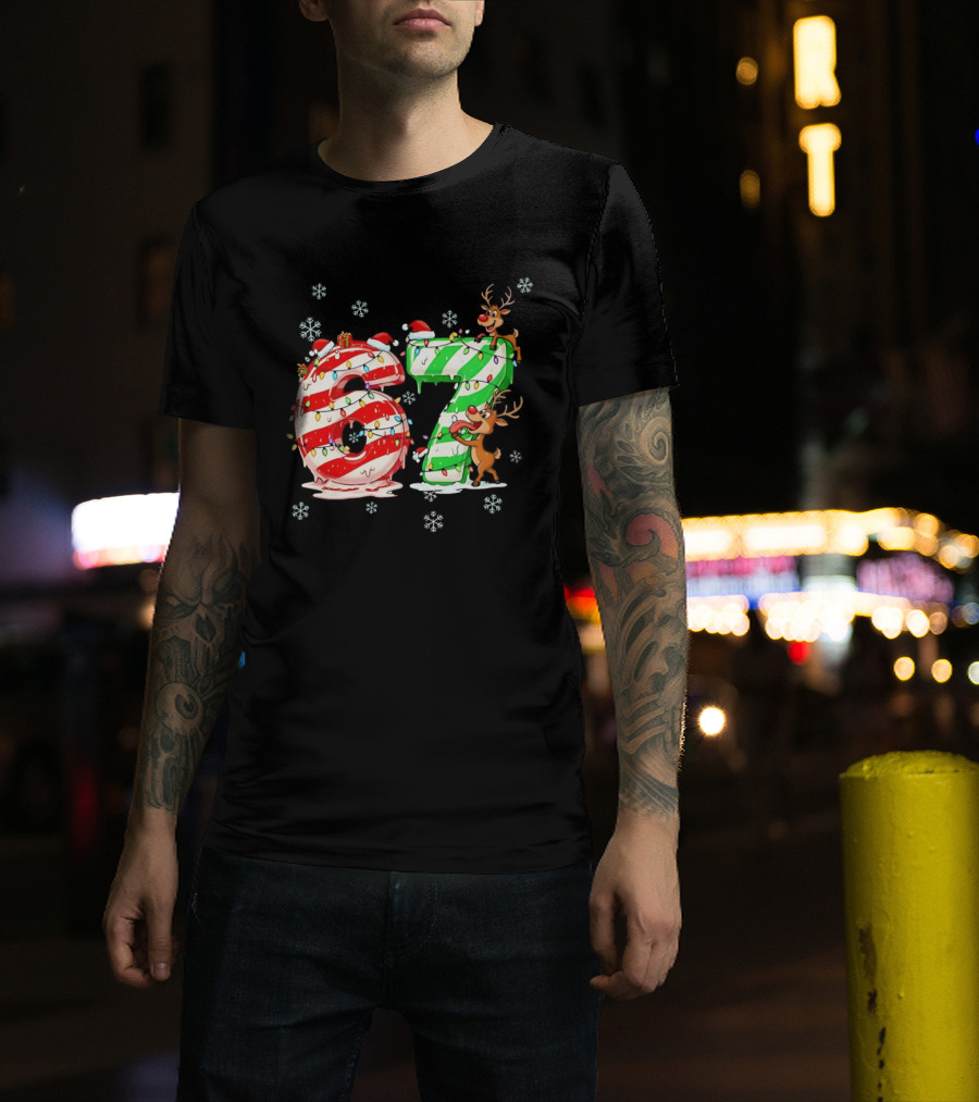 67 Christmas Reindeer Candy Cane Lights Snowflakes T-Shirt