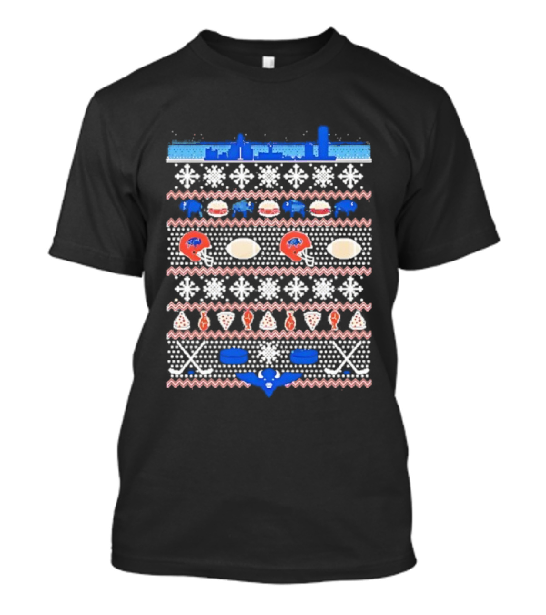 Buffalo Bills Football Skyline Ugly Christmas Sweater With Helmets And Snowflakes T-Shirt