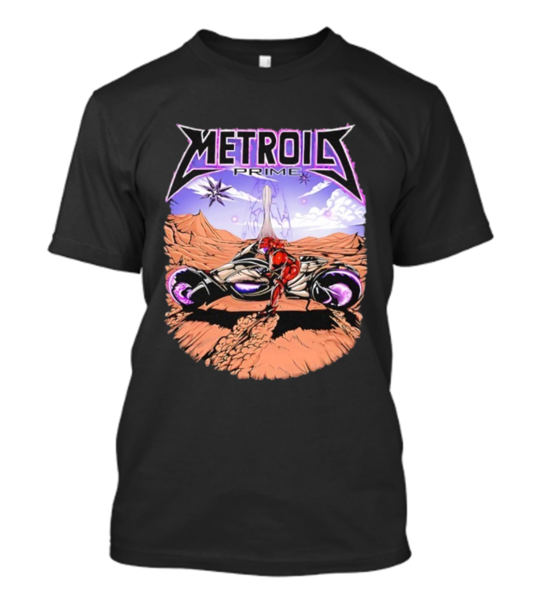 Metroid Prime Sci-Fi Landscape With Armored Character And Alien Desert Scene T-Shirt