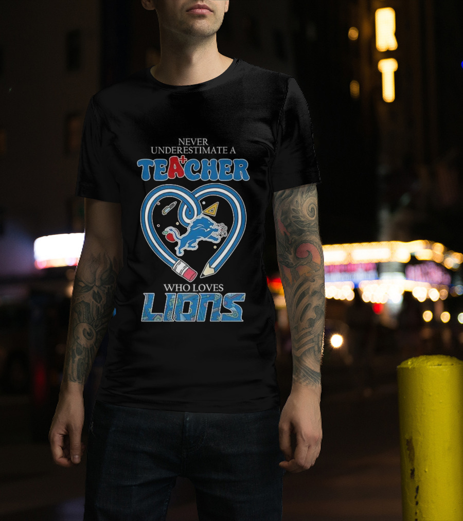 Teacher Who Loves Detroit Lions Heart Pencil Design T-Shirt