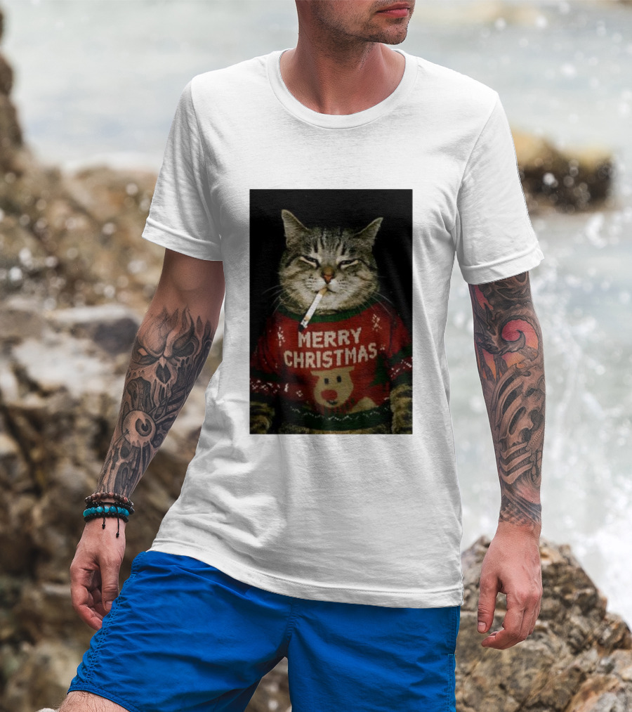 Merry Christmas Cat Smoking In Ugly Holiday Sweater With Reindeer T-Shirt