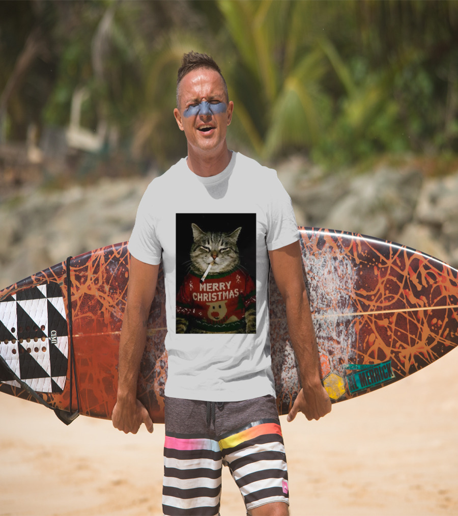 Merry Christmas Cat Smoking In Ugly Holiday Sweater With Reindeer T-Shirt