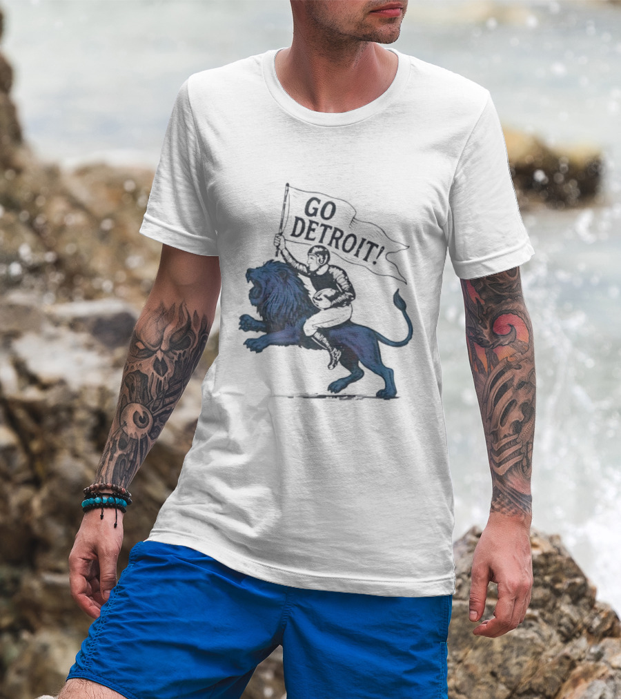 Go Detroit Football Player Riding Lion T-Shirt