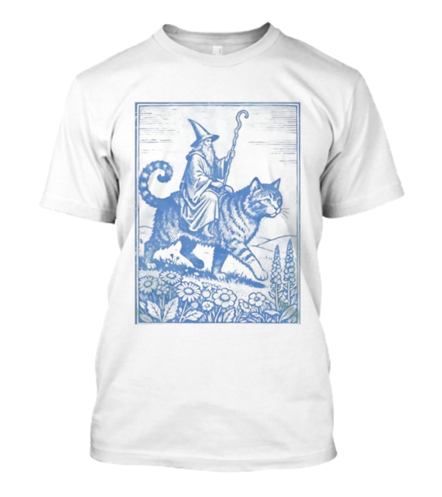 Wizard Riding Cat Blue Vintage Fantasy Adventure Scene T-Shirt