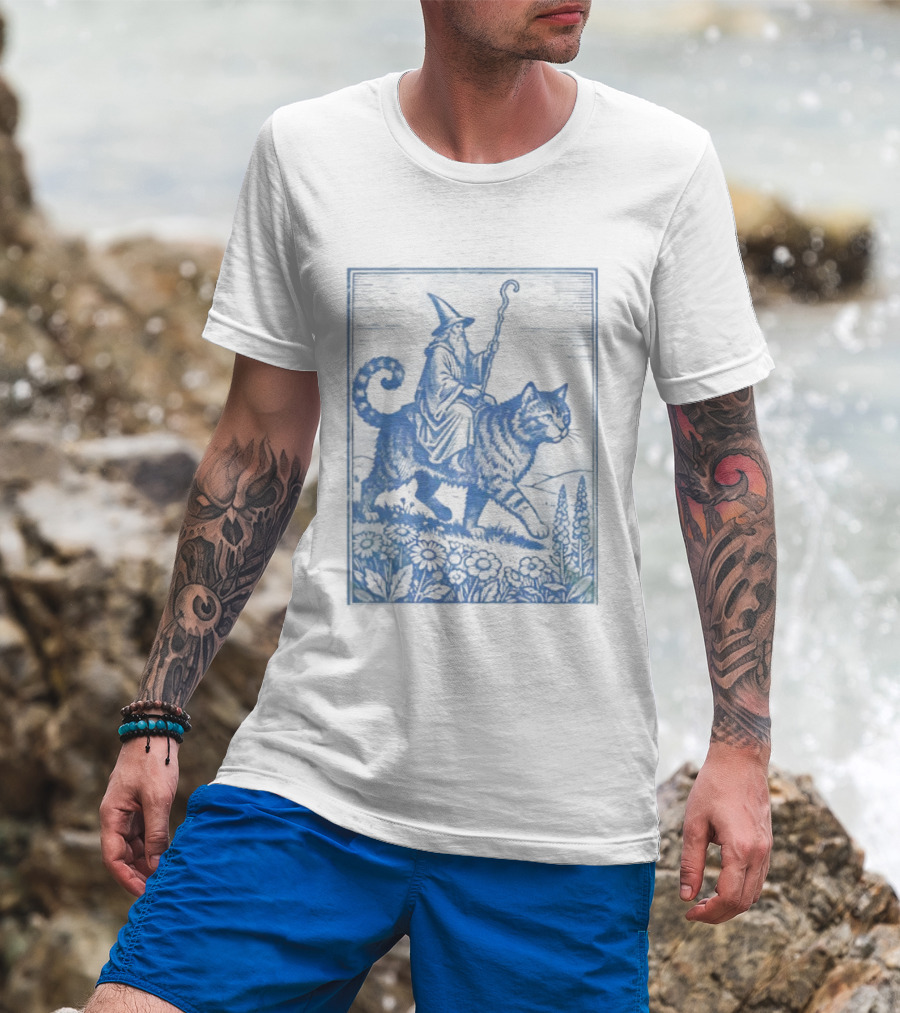 Wizard Riding Cat Blue Vintage Fantasy Adventure Scene T-Shirt