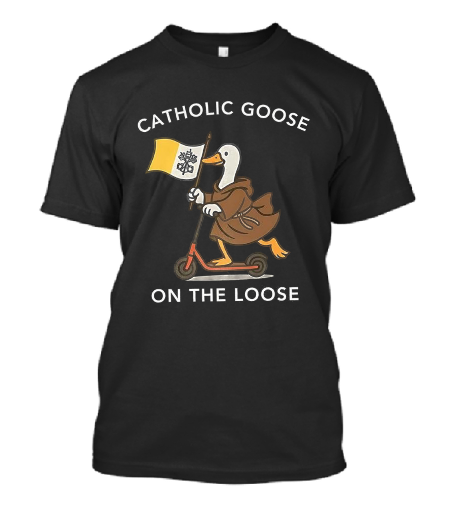 Catholic Goose On The Loose Holding Flag Riding Scooter T-Shirt