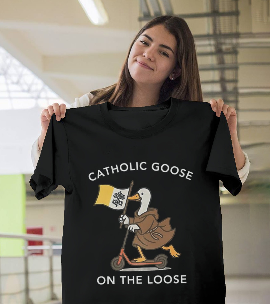 Catholic Goose On The Loose Holding Flag Riding Scooter T-Shirt