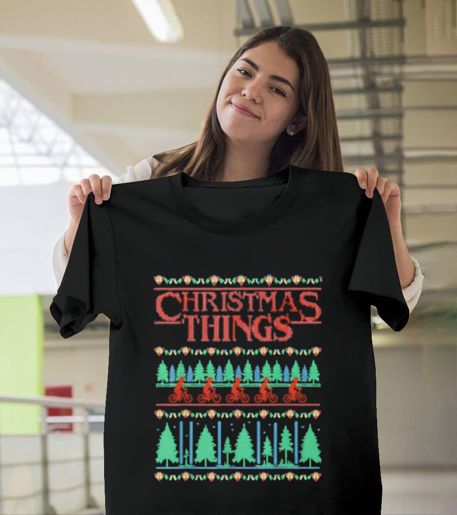 Christmas Things Holiday Sweater Lights And Bicycles Forest Theme T-Shirt