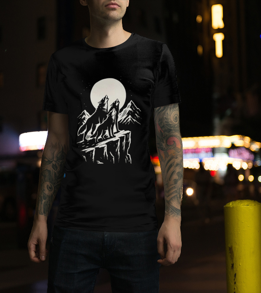 Howling Wolves Moonlit Mountains Black White T-Shirt