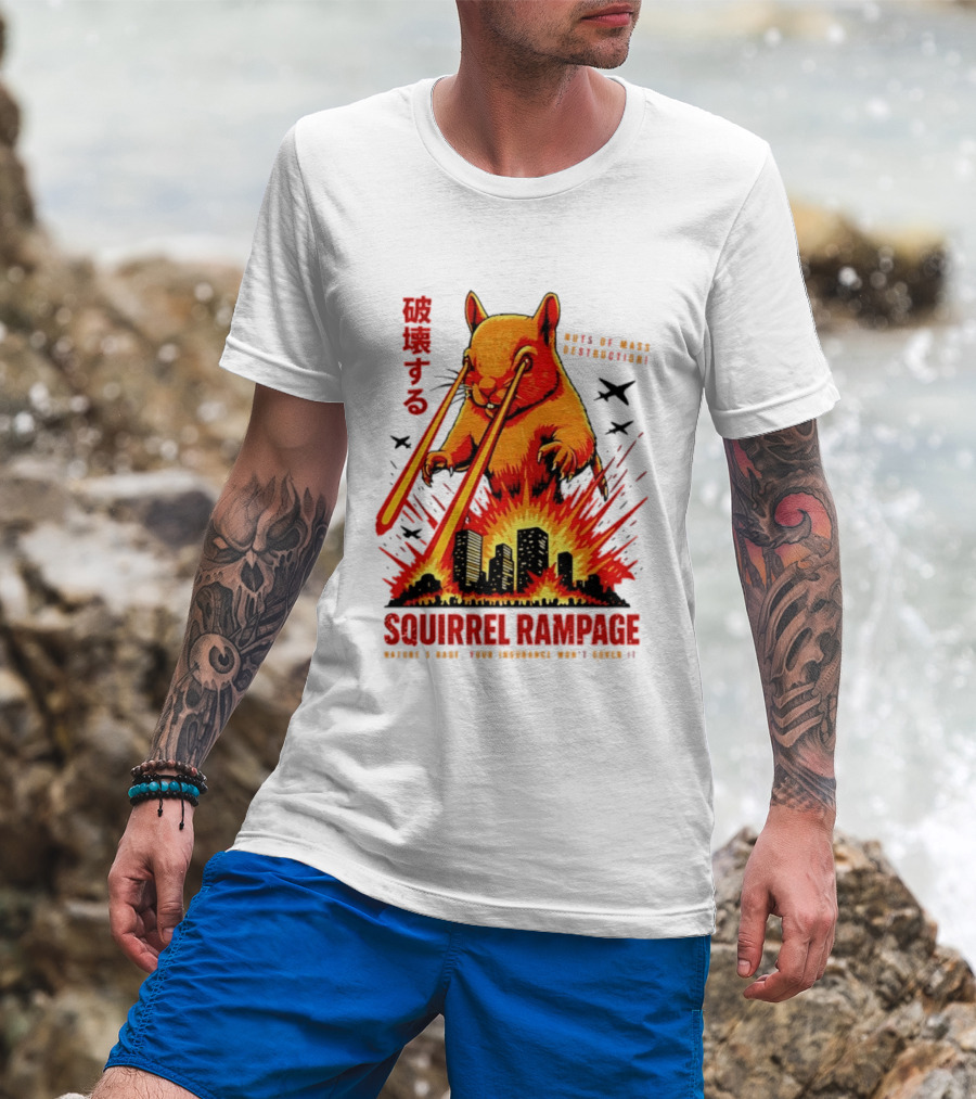 Squirrel Rampage Laser Eyes Skyline Destruction Nuts Of Mass Destruction T-Shirt