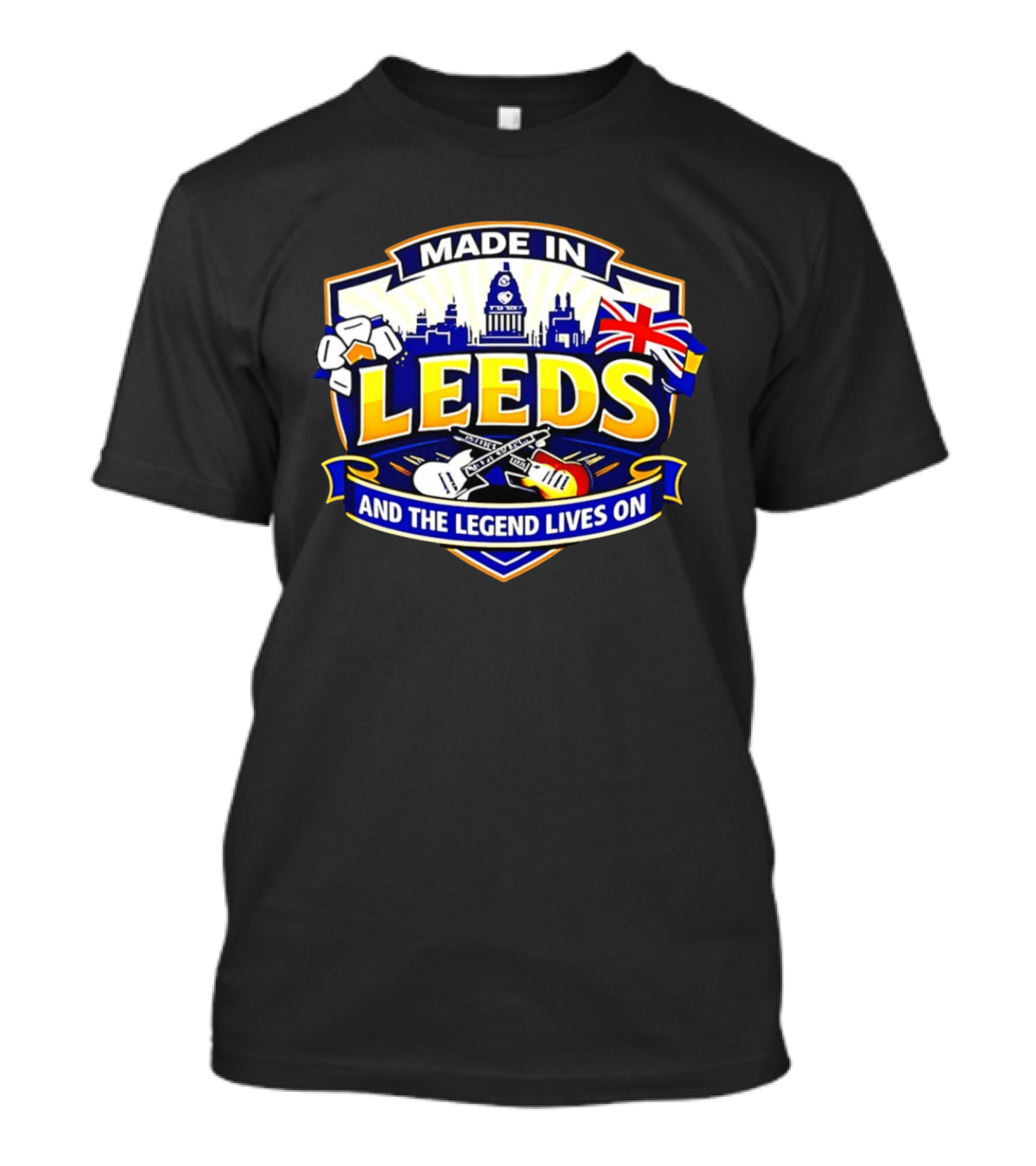 Made In Leeds Skyline And Union Jack With Guitars T-Shirt