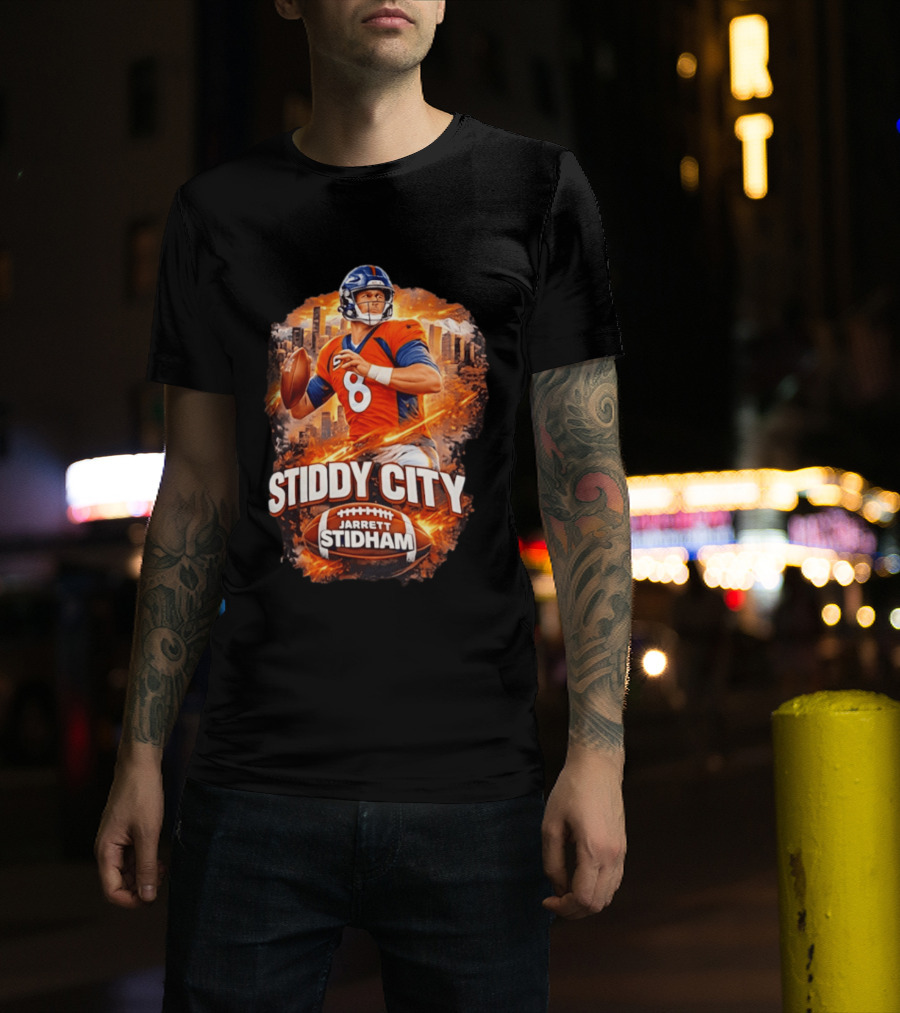 Stiddy City Jarrett Stidham Denver Broncos Quarterback 8 Urban Skyline Football T-Shirt