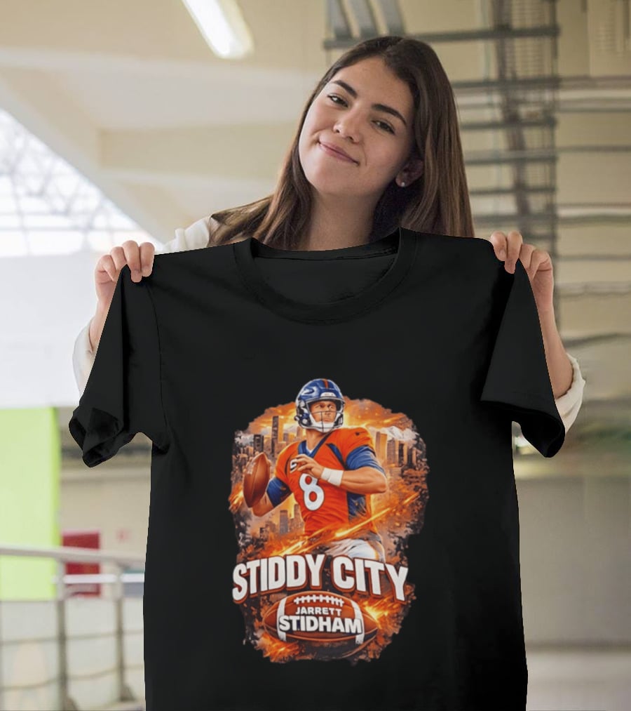 Stiddy City Jarrett Stidham Denver Broncos Quarterback 8 Urban Skyline Football T-Shirt