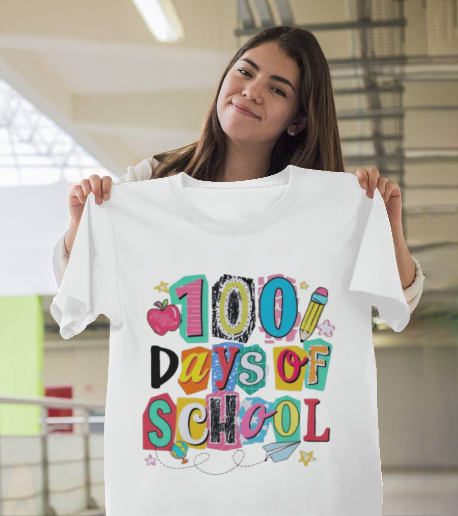100 Days Of School Celebration Apple Pencil Stars Paper Plane Classroom T-Shirt