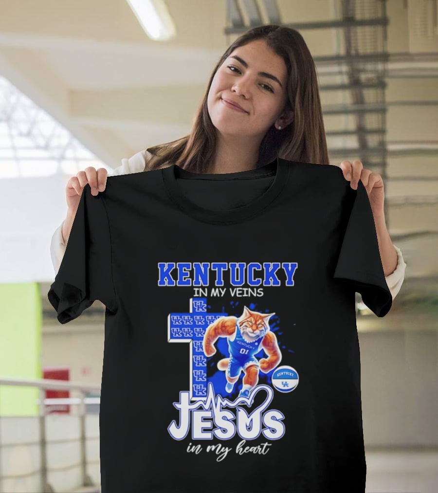 Kentucky Wildcats In My Veins Jesus In My Heart Wildcat Cross T-Shirt
