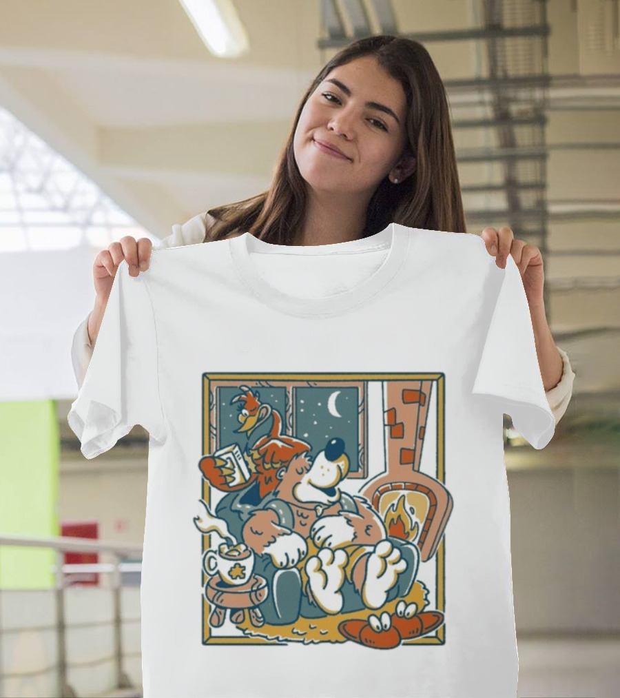 Henrique Torres Nighty Night Cozy Bear by the Fireplace with Duck and Coffee T-Shirt