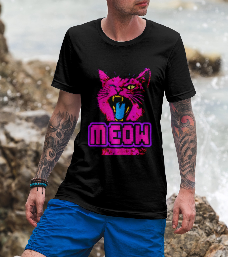Neon Pink Angry Cat MEOW Cyberpunk Aesthetic Retro Futuristic T-Shirt