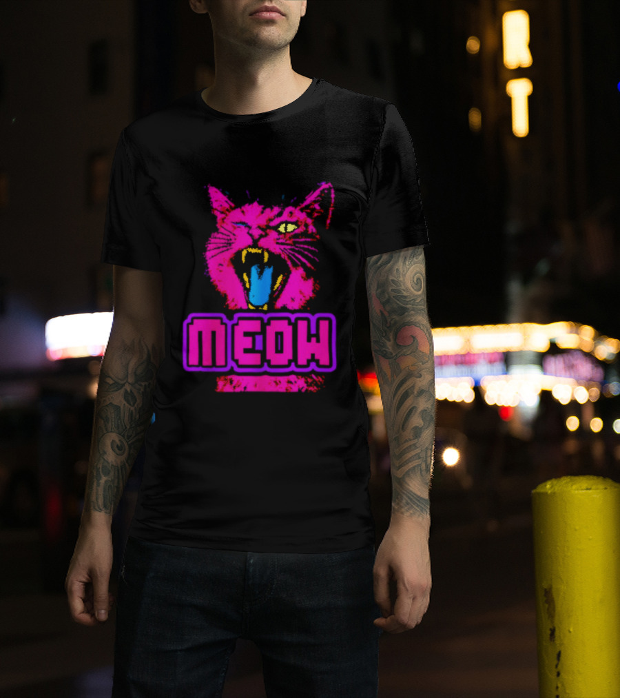 Neon Pink Angry Cat MEOW Cyberpunk Aesthetic Retro Futuristic T-Shirt