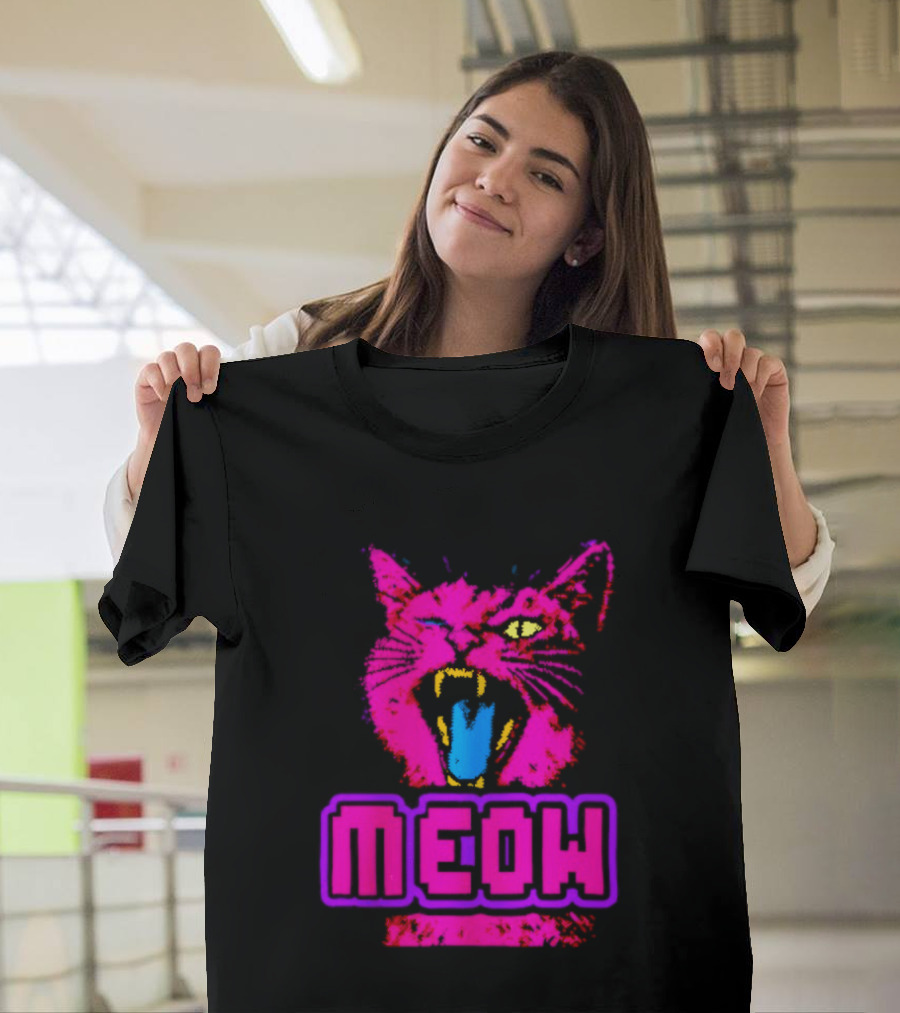 Neon Pink Angry Cat MEOW Cyberpunk Aesthetic Retro Futuristic T-Shirt