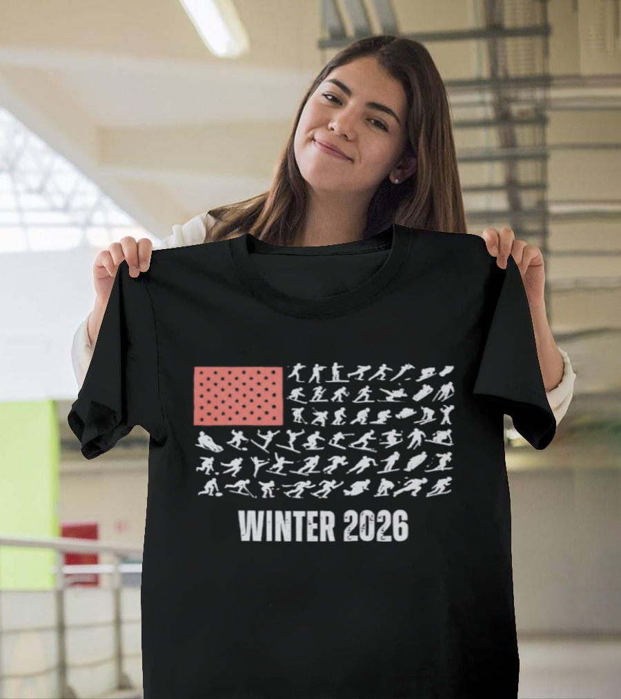 Patriotic USA Winter Sports 2026 Flag Skier Snowboarder T-Shirt