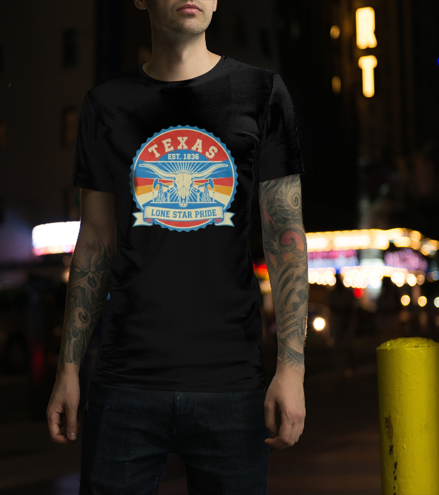 Texas EST 1836 Lone Star Pride Oil Derrick Longhorn T-Shirt