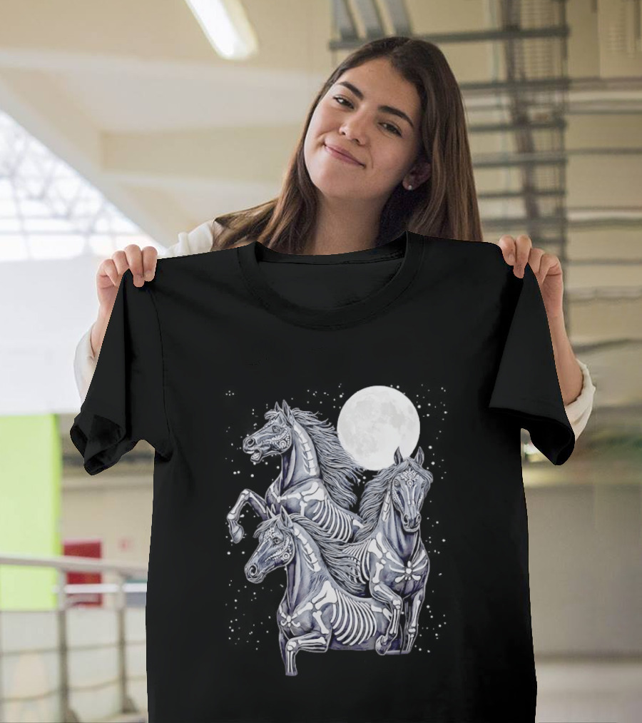 Three Horse Moon Día De Los Muertos Skeleton Horse T-Shirt