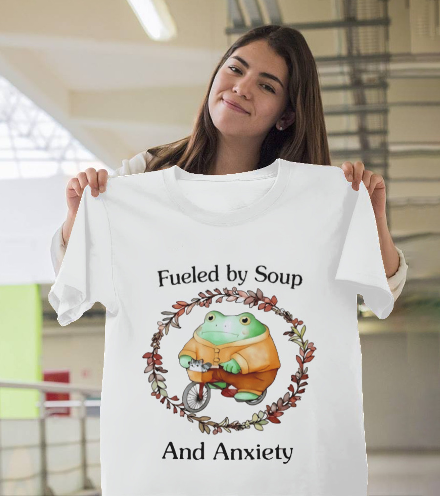 Fueled By Soup Frog Riding Scooter With Cat Surrounded By Autumn Leaves And Anxiety T-Shirt
