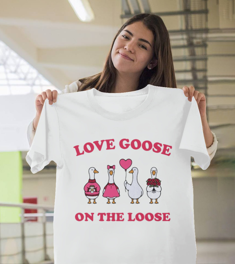 Love Goose On The Loose Valentine Geese With Hearts And Flowers T-Shirt