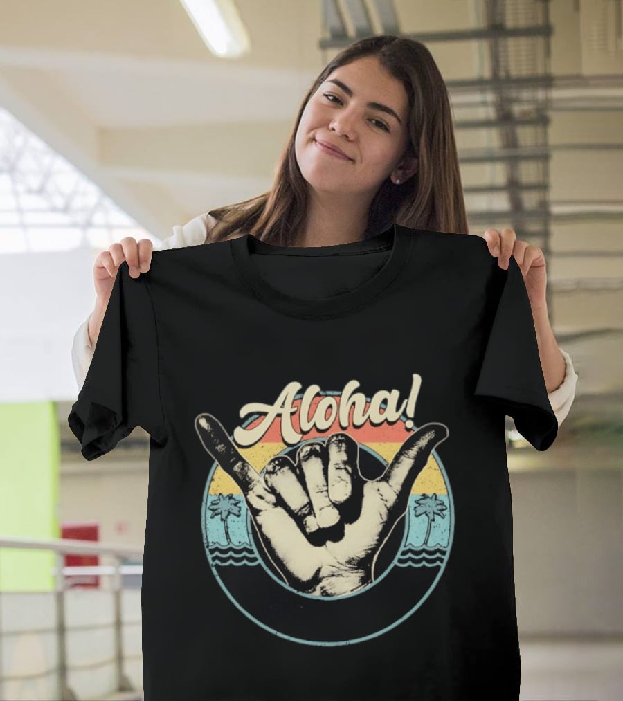Aloha Shaka Hand Gesture Tropical Sunset With Palm Trees T-Shirt