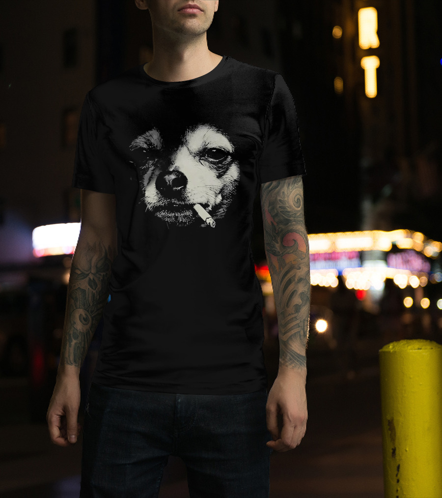 Chihuahua Smoking Cigarette Black And White T-Shirt