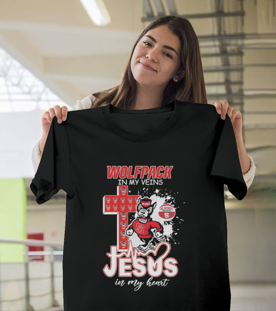 NC State Wolfpack In My Veins Jesus In My Heart Faithful Cross T-Shirt