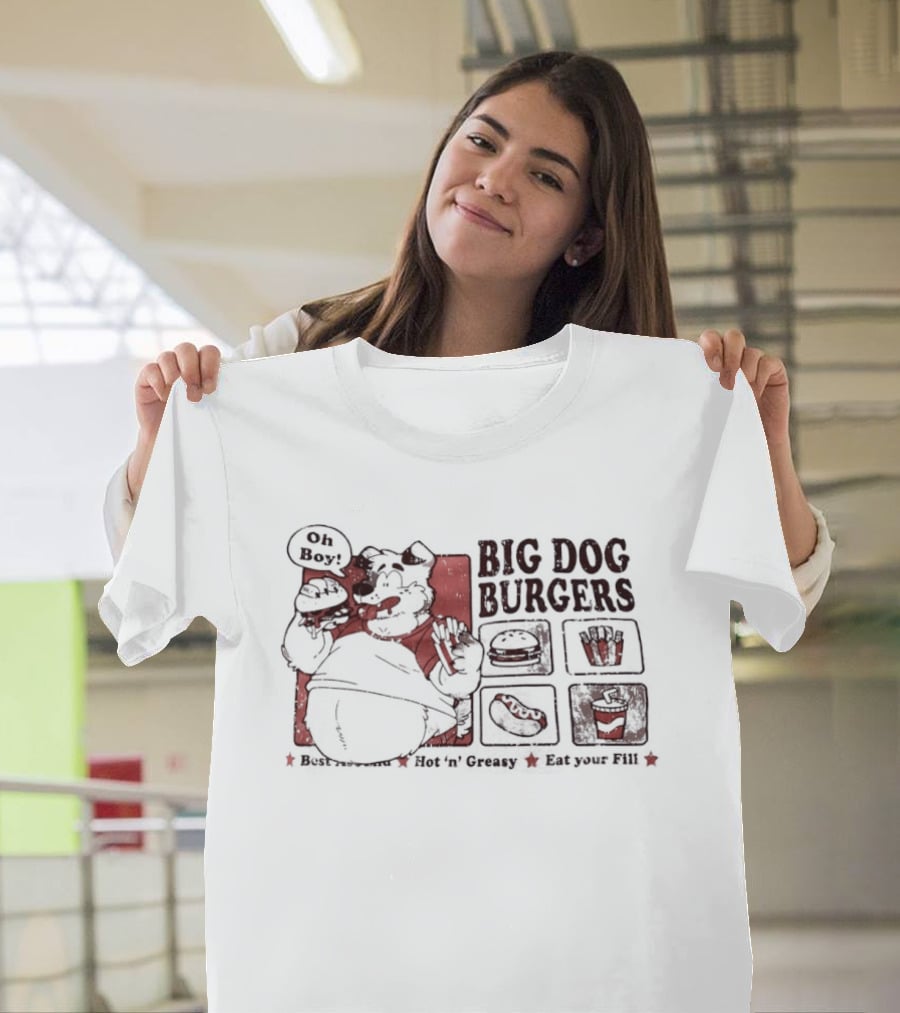 Big Dog Burgers Wolf Eating Cheese Burger Fries Funny Food Cartoon T-Shirt