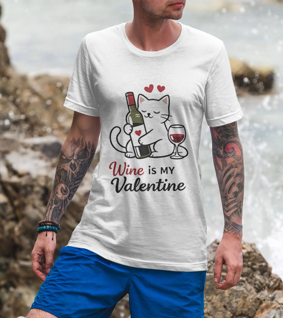 Cat Wine Is My Valentine With Hearts And Wine Glass T-Shirt