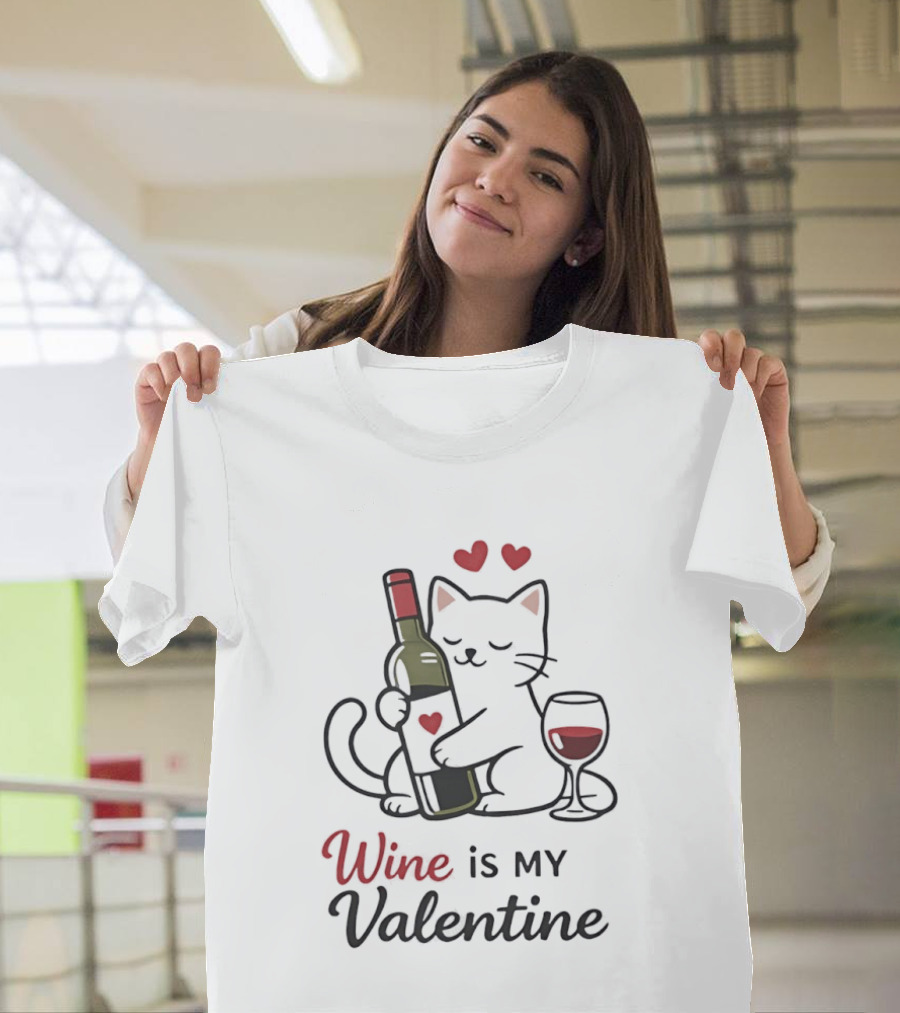 Cat Wine Is My Valentine With Hearts And Wine Glass T-Shirt