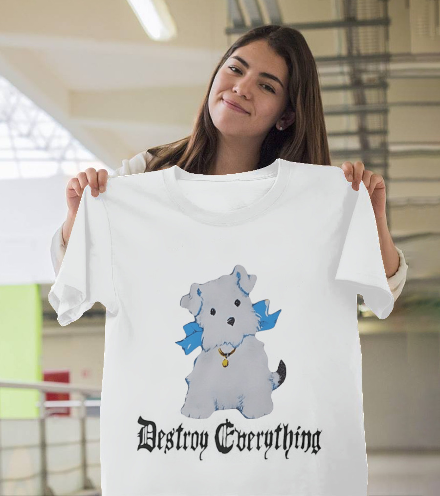 Puppy Destroy Everything Cute Dog Illustration With Blue Ribbon T-Shirt