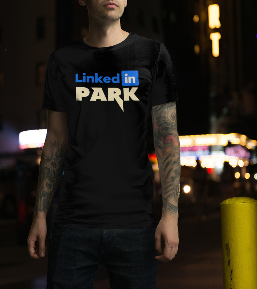 Linked In Park Blocky Font Text In Blue And Beige T-Shirt