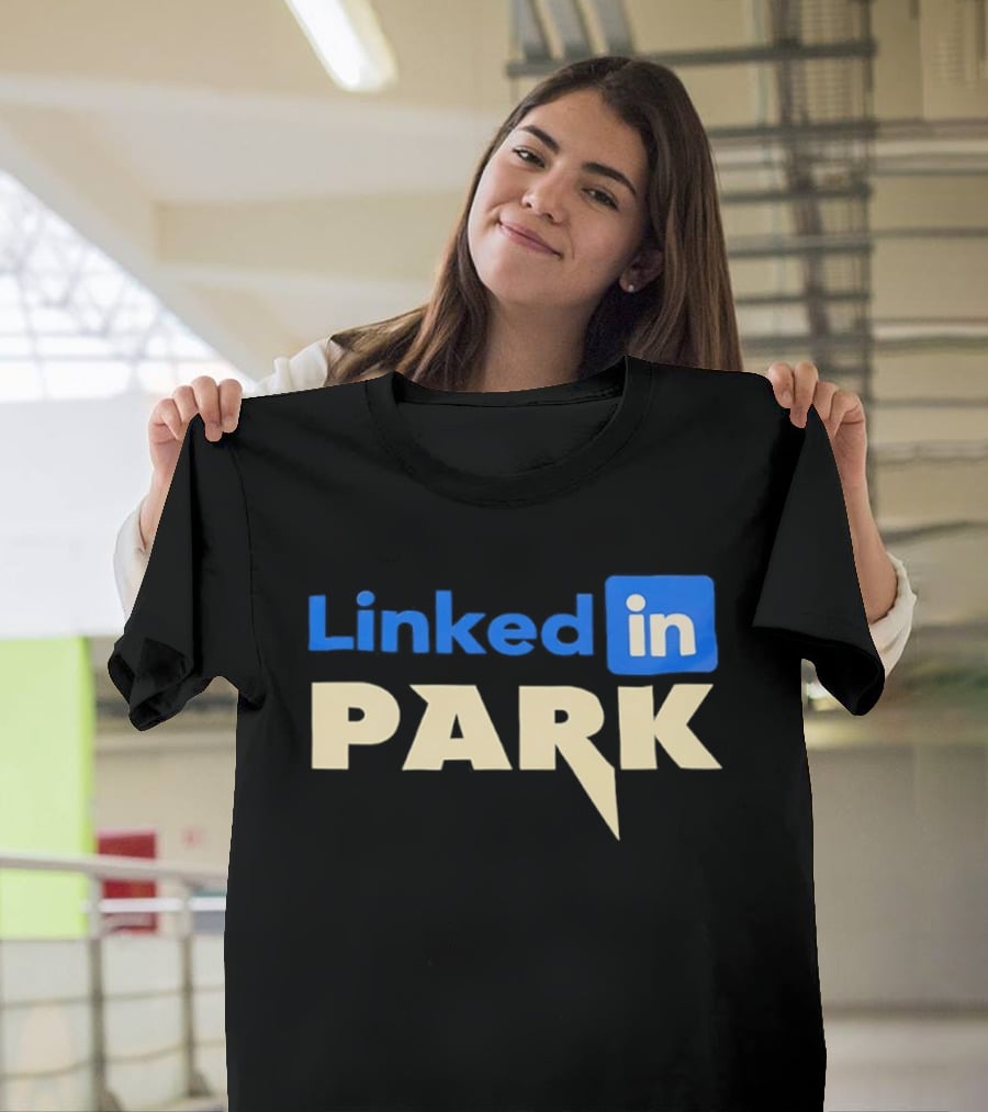 Linked In Park Blocky Font Text In Blue And Beige T-Shirt