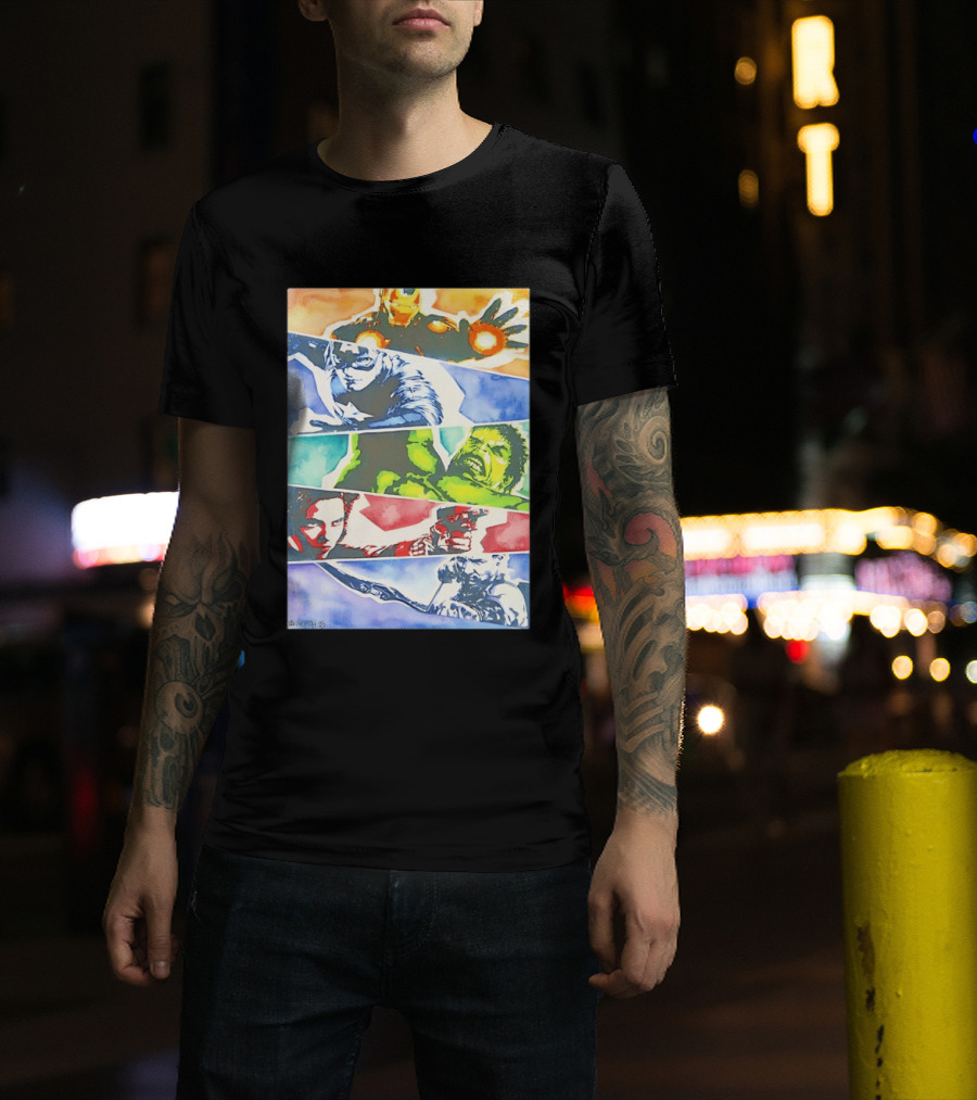 Avengers Iron Man Captain America Hulk Black Widow Thor Watercolor Comic Characters T-Shirt