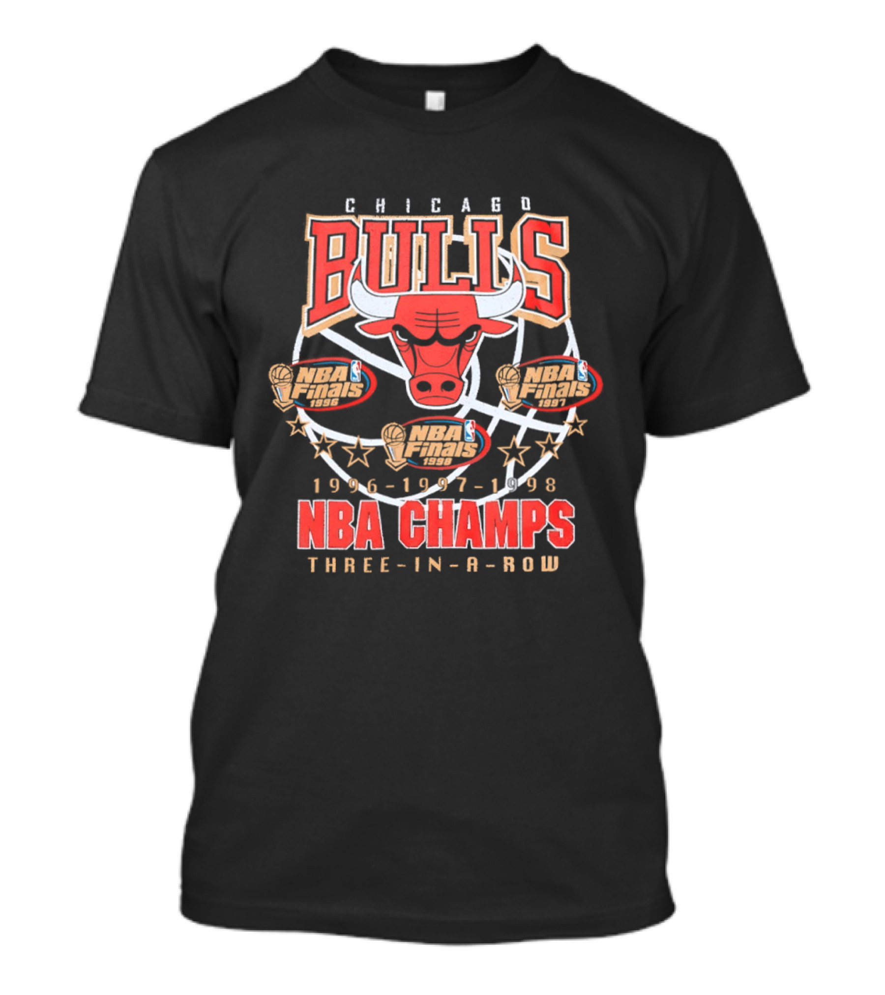 Chicago Bulls NBA Champs Three In A Row 1996 1997 1998 T-Shirt