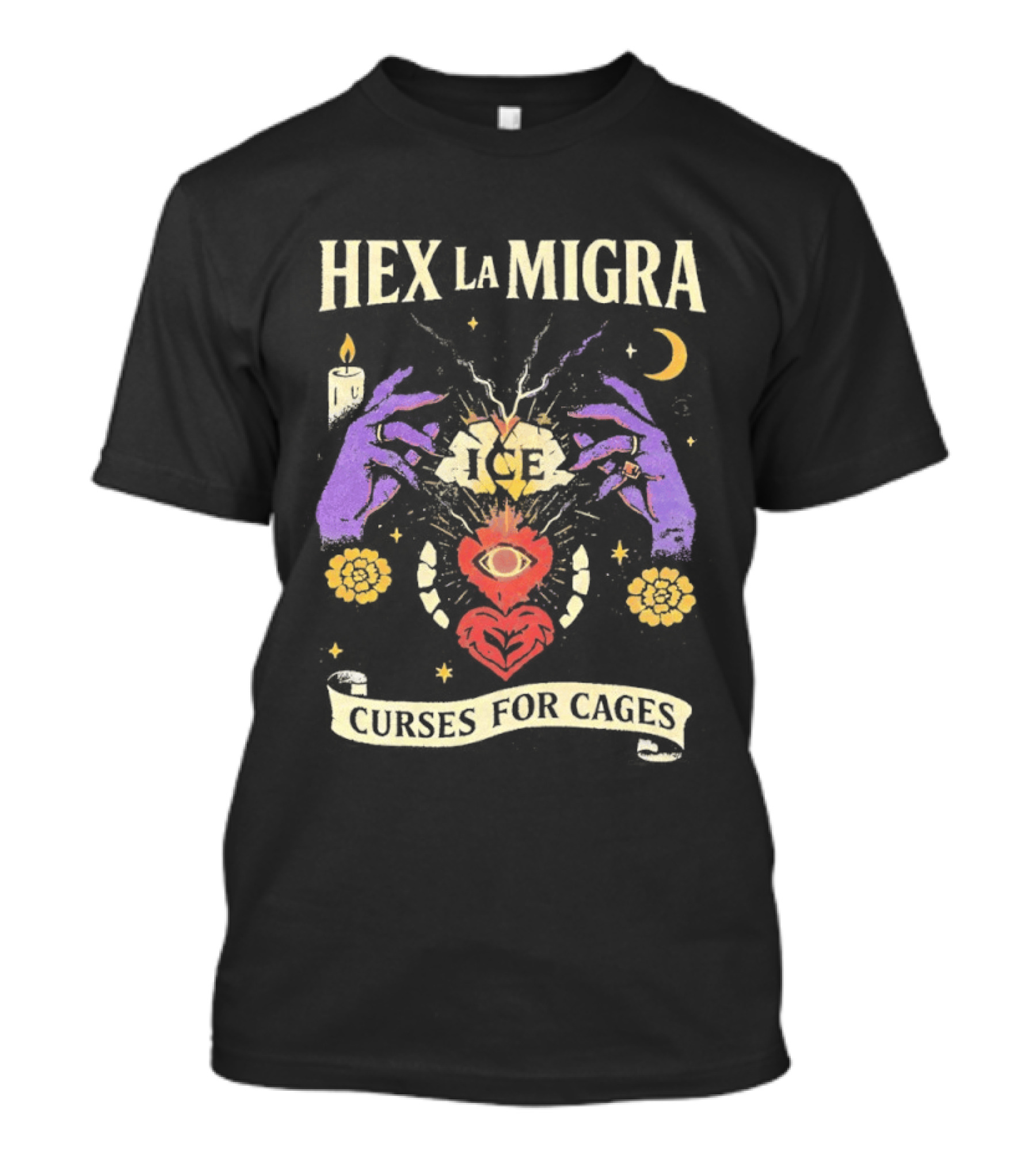 Hex La Migra Curses For Cages Eye Heart Moon Candle Sun Hands T-Shirt