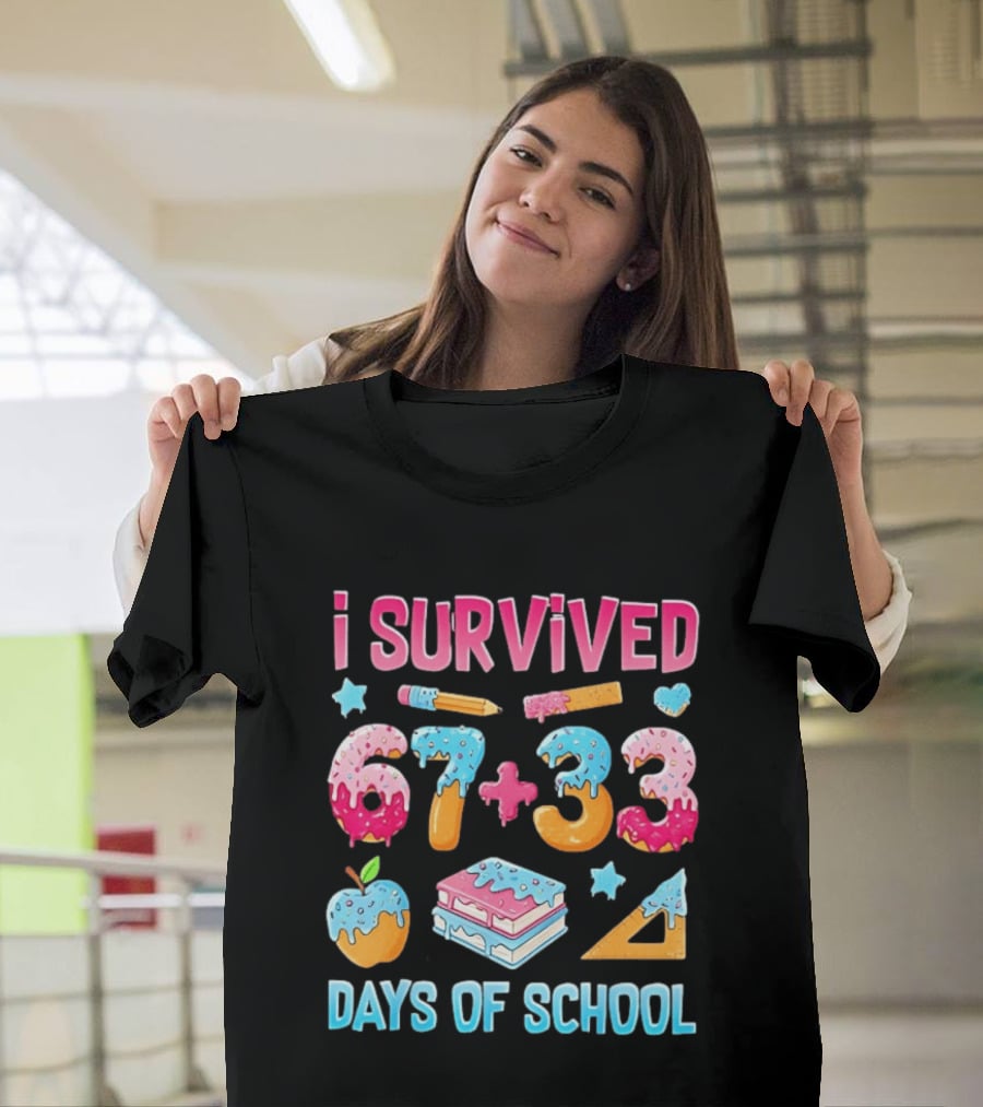 I Survived 67 Plus 33 Days Of School Apple Book Donut Melting T-Shirt